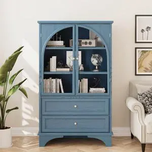 Buffet Storage Cabinet with Glass Doors and Drawers, Blue Buffet Storage Cabinet with Glass Doors and Drawers, Blue
