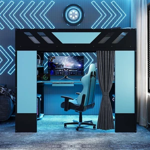 Wood Gaming Loft Bed with Curtains, USB Outlet and RGB Lights, High Full Loft Bed with Shelf, Desk and Keyboard Tray for Boys, Teens, Adults, Black+Blue Wood Gaming Loft Bed with Curtains, USB Outlet and RGB Lights, High Full Loft Bed with Shelf, Desk and Keyboard Tray for Boys, Teens, Adults, Black+Blue