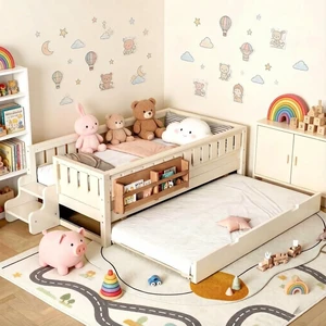 Twin Montessori Low Bed Frame with Trundle, Beige Twin Montessori Low Bed Frame with Trundle, Beige