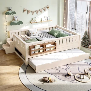 Full Montessori Floor Bed Frame with Trundle, Wood Low Bed Frame with Bookshelf, Cute Staircase and Fence, Childlike Design, No Box Spring Needed, Beige Full Montessori Floor Bed Frame with Trundle, Wood Low Bed Frame with Bookshelf, Cute Staircase and Fence, Childlike Design, No Box Spring Needed, Beige