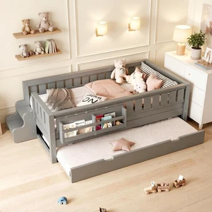 Twin Size Wooden Floor Bed Frame with Trundle, Gray Twin Size Wooden Floor Bed Frame with Trundle, Gray