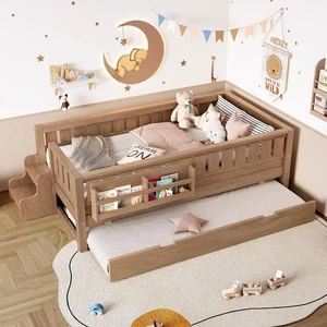 Wood Twin Size Floor Bed Frame with Trundle, Low Platform Bed for Kids with Bookcase, Stair and Rails, Childlike Design, No Box Spring Needed, Natural Wood Twin Size Floor Bed Frame with Trundle, Low Platform Bed for Kids with Bookcase, Stair and Rails, Childlike Design, No Box Spring Needed, Natural