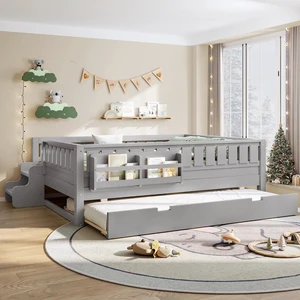 Full Montessori Floor Bed Frame with Trundle, Wood Low Bed Frame with Bookshelf, Cute Staircase and Fence, Childlike Design, No Box Spring Needed, Gray Full Montessori Floor Bed Frame with Trundle, Wood Low Bed Frame with Bookshelf, Cute Staircase and Fence, Childlike Design, No Box Spring Needed, Gray