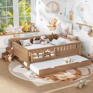 Kids Platform Bed Queen with Bookcase and Trundle, Low Montessori Floor Bed with Staircase and Rails, Easy Assembly, No Box Spring Needed, Natural Kids Platform Bed Queen with Bookcase and Trundle, Low Montessori Floor Bed with Staircase and Rails, Easy Assembly, No Box Spring Needed, Natural