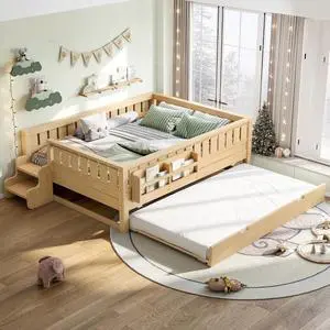 Kids Floor Platform Bed Full with Trundle and Bookcase, Wood Montessori Bed Frame with Cute Staircase and Fence, Childlike Design, No Box Spring Needed, Light Natural Kids Floor Platform Bed Full with Trundle and Bookcase, Wood Montessori Bed Frame with Cute Staircase and Fence, Childlike Design, No Box Spring Needed, Light Natural