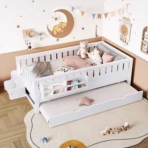 Wood Twin Size Floor Bed Frame with Trundle, Low Platform Bed for Kids with Bookcase, Stair and Rails, Childlike Design, No Box Spring Needed, White Wood Twin Size Floor Bed Frame with Trundle, Low Platform Bed for Kids with Bookcase, Stair and Rails, Childlike Design, No Box Spring Needed, White