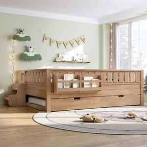 Full Montessori Floor Bed Frame with Trundle, Wood Low Bed Frame with Bookshelf, Cute Staircase and Fence, Childlike Design, No Box Spring Needed, Natural Full Montessori Floor Bed Frame with Trundle, Wood Low Bed Frame with Bookshelf, Cute Staircase and Fence, Childlike Design, No Box Spring Needed, Natural