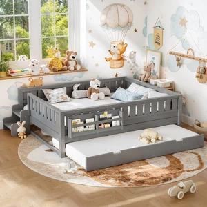 Kids Platform Bed Queen with Bookcase and Trundle, Low Montessori Floor Bed with Staircase and Rails, Easy Assembly, No Box Spring Needed, Gray Kids Platform Bed Queen with Bookcase and Trundle, Low Montessori Floor Bed with Staircase and Rails, Easy Assembly, No Box Spring Needed, Gray