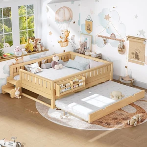 Kids Platform Bed Queen with Bookcase and Trundle, Low Montessori Floor Bed with Staircase and Rails, Easy Assembly, No Box Spring Needed, Light Natural Kids Platform Bed Queen with Bookcase and Trundle, Low Montessori Floor Bed with Staircase and Rails, Easy Assembly, No Box Spring Needed, Light Natural