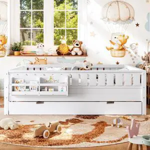 Kids Platform Bed Queen with Bookcase and Trundle, Low Montessori Floor Bed with Staircase and Rails, Easy Assembly, No Box Spring Needed, White Kids Platform Bed Queen with Bookcase and Trundle, Low Montessori Floor Bed with Staircase and Rails, Easy Assembly, No Box Spring Needed, White