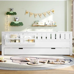 Full Montessori Floor Bed Frame with Trundle, Wood Low Bed Frame with Bookshelf, Cute Staircase and Fence, Childlike Design, No Box Spring Needed, White Full Montessori Floor Bed Frame with Trundle, Wood Low Bed Frame with Bookshelf, Cute Staircase and Fence, Childlike Design, No Box Spring Needed, White