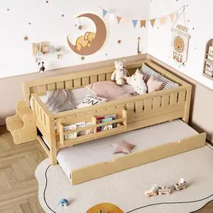 Wood Twin Size Floor Bed Frame with Trundle, Low Platform Bed for Kids with Bookcase, Stair and Rails, Childlike Design, No Box Spring Needed, Light Natural Wood Twin Size Floor Bed Frame with Trundle, Low Platform Bed for Kids with Bookcase, Stair and Rails, Childlike Design, No Box Spring Needed, Light Natural