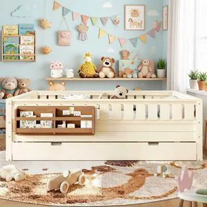 Queen Wooden Floor Bed Frame with Trundle and Bookshelf for Kids, Beige Queen Wooden Floor Bed Frame with Trundle and Bookshelf for Kids, Beige
