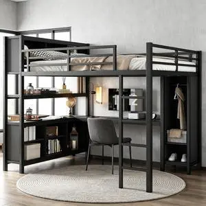 Queen Size Metal Loft Bed with Desk, Wardrobe & Storage Shelves, Workstation Loft Bed with Workstation & Safety Guardrail for Teens, Kids & Small Bedroom, Black Queen Size Metal Loft Bed with Desk, Wardrobe & Storage Shelves, Workstation Loft Bed with Workstation & Safety Guardrail for Teens, Kids & Small Bedroom, Black