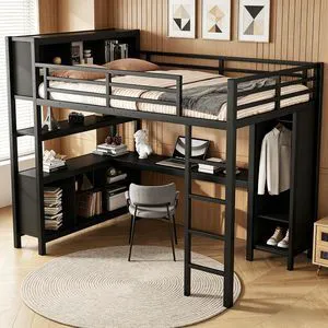 Full Size Metal Loft Bed with Desk, Wardrobe & Storage Shelves, Minimalist Loft Bed with Workstation & Safety Guardrail for Teens, Kids & Small Bedroom, Black Full Size Metal Loft Bed with Desk, Wardrobe & Storage Shelves, Minimalist Loft Bed with Workstation & Safety Guardrail for Teens, Kids & Small Bedroom, Black