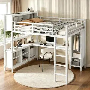 Queen Size Metal Loft Bed with Desk, Wardrobe & Storage Shelves, Multifunctional High Loft Bed Frame with Workstation & Safety Guardrail for Teens, Kids & Small Bedroom, Off White Queen Size Metal Loft Bed with Desk, Wardrobe & Storage Shelves, Multifunctional High Loft Bed Frame with Workstation & Safety Guardrail for Teens, Kids & Small Bedroom, Off White