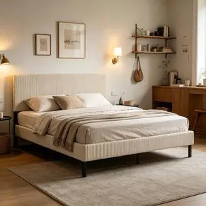 King Modern Upholstered Platform Bed with Headboard and Metal Frame, Beige King Modern Upholstered Platform Bed with Headboard and Metal Frame, Beige