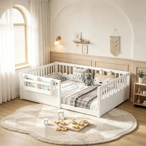 Full Size Montessori Floor Bed with Guardrails, Solid Wood Kids Daybed with Storage Rack for Boys Girls, White Full Size Montessori Floor Bed with Guardrails, Solid Wood Kids Daybed with Storage Rack for Boys Girls, White