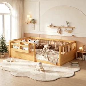 Twin Size Montessori Floor Bed with Guardrails, Solid Wood Kids Daybed with Storage Rack for Boys Girls, Natural Twin Size Montessori Floor Bed with Guardrails, Solid Wood Kids Daybed with Storage Rack for Boys Girls, Natural