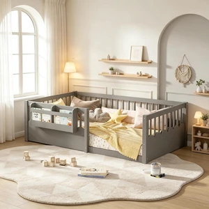 Twin Size Montessori Floor Bed with Guardrails, Solid Wood Kids Daybed with Storage Rack for Boys Girls, Gray Twin Size Montessori Floor Bed with Guardrails, Solid Wood Kids Daybed with Storage Rack for Boys Girls, Gray