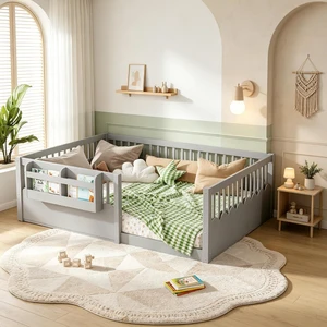 Full Size Montessori Floor Bed with Guardrails, Solid Wood Kids Daybed with Storage Rack for Boys Girls, Gray Full Size Montessori Floor Bed with Guardrails, Solid Wood Kids Daybed with Storage Rack for Boys Girls, Gray