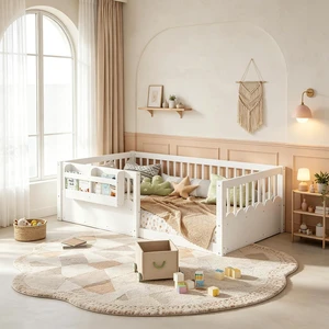 Twin Size Montessori Floor Bed with Guardrails, Solid Wood Kids Daybed with Storage Rack for Boys Girls, White Twin Size Montessori Floor Bed with Guardrails, Solid Wood Kids Daybed with Storage Rack for Boys Girls, White