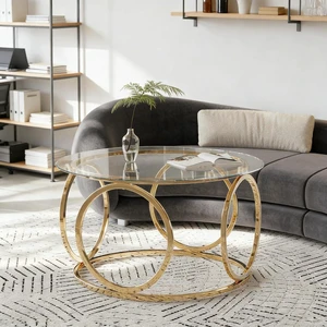 31.5" Round Glass Coffee Table with Circular Metal Frame, Contemporary Center Table for Living Room, Office and Lounge, Gold 31.5" Round Glass Coffee Table with Circular Metal Frame, Contemporary Center Table for Living Room, Office and Lounge, Gold