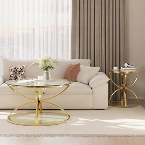 Coffee Table Set of 2, Round Glass Center Table with 2 Tiers and Ring-Shaped Frames for Living Room, Office & Apartment, Gold Coffee Table Set of 2, Round Glass Center Table with 2 Tiers and Ring-Shaped Frames for Living Room, Office & Apartment, Gold