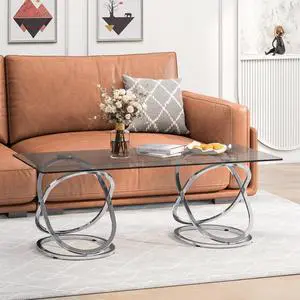 Modern Glass Coffee Table with Ring-Shaped Frames, Rectangular Center Table for Living Room & Office, Chrome Finish, Silver Modern Glass Coffee Table with Ring-Shaped Frames, Rectangular Center Table for Living Room & Office, Chrome Finish, Silver