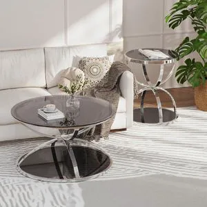 Coffee Table Set of 2, Round Glass Center Table with 2 Tiers, Ring-Shaped Frames and Chrome Finish for Living Room, Office & Apartment, Silver Coffee Table Set of 2, Round Glass Center Table with 2 Tiers, Ring-Shaped Frames and Chrome Finish for Living Room, Office & Apartment, Silver
