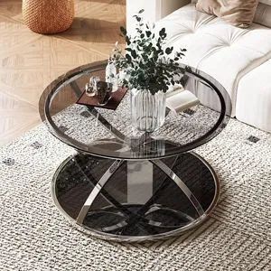 31.50'' Modern Center Table with Glass Top, 2 Tier Circle Coffee Table with Ring-Shaped Frames for Home Office, Living Room, Silver 31.50'' Modern Center Table with Glass Top, 2 Tier Circle Coffee Table with Ring-Shaped Frames for Home Office, Living Room, Silver