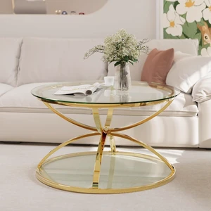 31.50'' Modern Center Table with Glass Top, 2 Tier Circle Coffee Table with Ring-Shaped Frames for Home Office, Living Room, Gold 31.50'' Modern Center Table with Glass Top, 2 Tier Circle Coffee Table with Ring-Shaped Frames for Home Office, Living Room, Gold