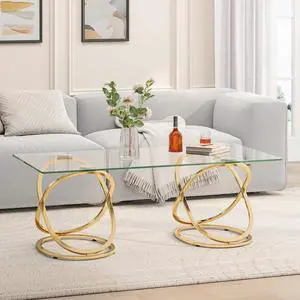 Modern Glass Coffee Table with Ring-Shaped Frames, Rectangular Center Table for Living Room & Office, Gold Modern Glass Coffee Table with Ring-Shaped Frames, Rectangular Center Table for Living Room & Office, Gold