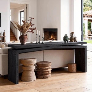 65" Rustic Solid Wood Veneer Long Console Table, Farmhouse Entryway Table Behind Couch with Split-Level Silhouette, Accent Sofa Table for Hallway, Living Room, Black 65" Rustic Solid Wood Veneer Long Console Table, Farmhouse Entryway Table Behind Couch with Split-Level Silhouette, Accent Sofa Table for Hallway, Living Room, Black