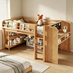Twin Size Kids Low Loft Bed with Desk and Blackboard & Storage Shelves, Solid Pine Wood Loft Bed Frame with Ladder and Guardrails, No Box Spring Needed, Natural Twin Size Kids Low Loft Bed with Desk and Blackboard & Storage Shelves, Solid Pine Wood Loft Bed Frame with Ladder and Guardrails, No Box Spring Needed, Natural