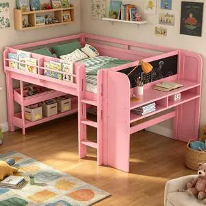 Full Size Kids Low Loft Bed with Desk and Blackboard & Storage Shelves, Solid Pine Wood Loft Bed Frame with Ladder and Guardrails, No Box Spring Needed, Pink Full Size Kids Low Loft Bed with Desk and Blackboard & Storage Shelves, Solid Pine Wood Loft Bed Frame with Ladder and Guardrails, No Box Spring Needed, Pink