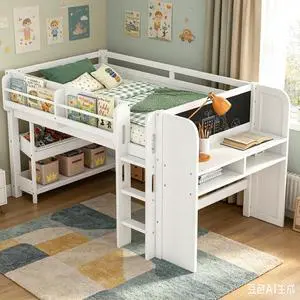 Twin Size Kids Low Loft Bed with Desk and Blackboard & Storage Shelves, Solid Pine Wood Loft Bed Frame with Ladder and Guardrails, No Box Spring Needed, Light White Twin Size Kids Low Loft Bed with Desk and Blackboard & Storage Shelves, Solid Pine Wood Loft Bed Frame with Ladder and Guardrails, No Box Spring Needed, Light White