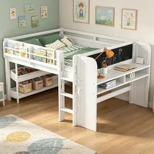 Full Size Kids Low Loft Bed with Desk and Blackboard & Storage Shelves, Solid Pine Wood Loft Bed Frame with Ladder and Guardrails, No Box Spring Needed, Light White Full Size Kids Low Loft Bed with Desk and Blackboard & Storage Shelves, Solid Pine Wood Loft Bed Frame with Ladder and Guardrails, No Box Spring Needed, Light White