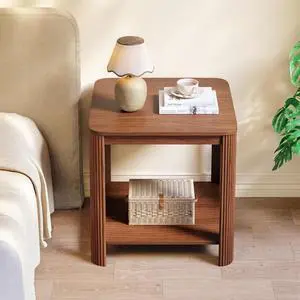 Side Table Set of 2, Small Round End Table with 2-Tier Storage Shelf for Home Office, Bed Room, Walnut Side Table Set of 2, Small Round End Table with 2-Tier Storage Shelf for Home Office, Bed Room, Walnut