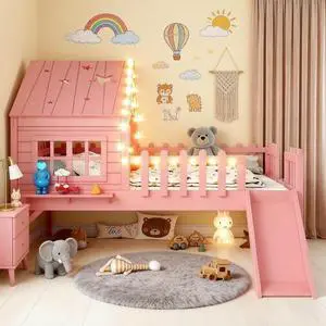 Full Low House Loft Bed with Led Light and Slide, Pink Full Low House Loft Bed with Led Light and Slide, Pink