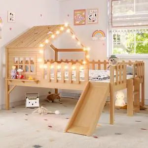 Full Low Loft Bed with Slide and Led Light, Wood House Loft Bed with Storage Shelf for Kids, No Box Spring Needed, Natural Full Low Loft Bed with Slide and Led Light, Wood House Loft Bed with Storage Shelf for Kids, No Box Spring Needed, Natural