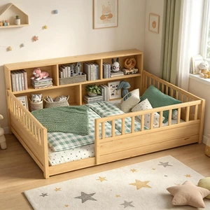 Full Size Kids Platform Bed with Bookcase Headboard and Storage Shelves, Montessori Floor Bed & Reading Nook Bed, Space Saving and No Box Spring Required, Natural Full Size Kids Platform Bed with Bookcase Headboard and Storage Shelves, Montessori Floor Bed & Reading Nook Bed, Space Saving and No Box Spring Required, Natural