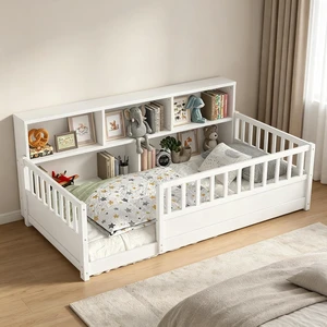 Twin Size Kids Platform Bed with Bookcase Headboard and Storage Shelves, Montessori Floor Bed & Reading Nook Bed, Space Saving and No Box Spring Required, White Twin Size Kids Platform Bed with Bookcase Headboard and Storage Shelves, Montessori Floor Bed & Reading Nook Bed, Space Saving and No Box Spring Required, White
