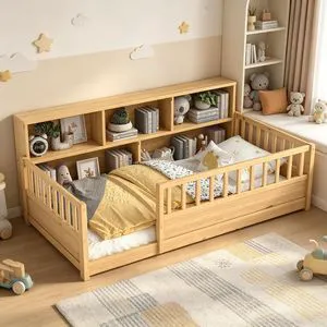 Twin Size Kids Platform Bed with Bookcase Headboard and Storage Shelves, Montessori Floor Bed & Reading Nook Bed, Space Saving and No Box Spring Required, Natural Twin Size Kids Platform Bed with Bookcase Headboard and Storage Shelves, Montessori Floor Bed & Reading Nook Bed, Space Saving and No Box Spring Required, Natural