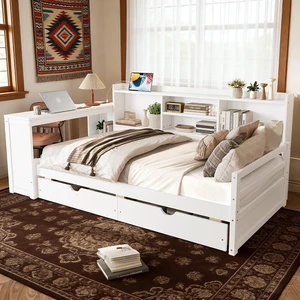 Twin Size Daybed with USB Charging Station/Ports and Desk, Multifunctional Daybed Frame with Bookshelf and Storage Drawers for Office & Guest Room & Small Bedroom, Space-Saving, White Twin Size Daybed with USB Charging Station/Ports and Desk, Multifunctional Daybed Frame with Bookshelf and Storage Drawers for Office & Guest Room & Small Bedroom, Space-Saving, White