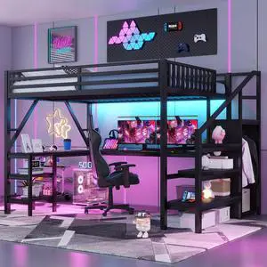 Queen Size Gaming Loft Bed with USB Charging & Desk & Wardrobe, Metal Loft Bed Frame with Storage Stairs & RGB LED Lights for Teens & Adults, Black Queen Size Gaming Loft Bed with USB Charging & Desk & Wardrobe, Metal Loft Bed Frame with Storage Stairs & RGB LED Lights for Teens & Adults, Black