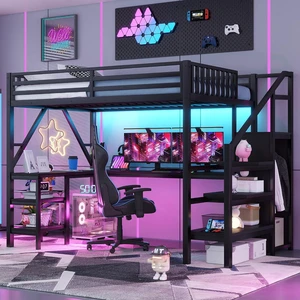 Full Size Gaming Loft Bed with USB Charging & Desk & Wardrobe, Metal Loft Bed Frame with Storage Stairs & RGB LED Lights for Teens & Adults, Black Full Size Gaming Loft Bed with USB Charging & Desk & Wardrobe, Metal Loft Bed Frame with Storage Stairs & RGB LED Lights for Teens & Adults, Black
