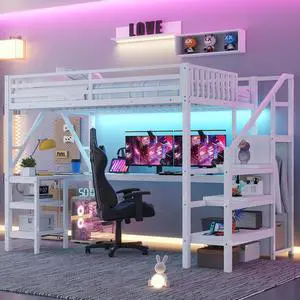 Full Size Gaming Loft Bed with USB Charging & Desk & Wardrobe, Metal Loft Bed Frame with Storage Stairs & RGB LED Lights for Teens & Adults, White Full Size Gaming Loft Bed with USB Charging & Desk & Wardrobe, Metal Loft Bed Frame with Storage Stairs & RGB LED Lights for Teens & Adults, White