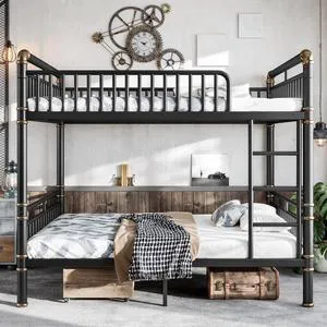 Metal Full Over Full Bunk Bed with Upgraded Round-Pipe, Black Metal Full Over Full Bunk Bed with Upgraded Round-Pipe, Black