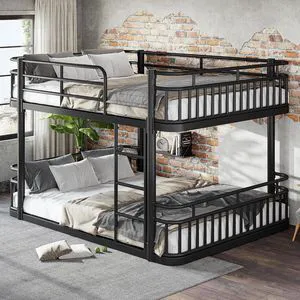 Floor Queen Over Queen Bunk Bed with Anti-Slip Ladder, Black Floor Queen Over Queen Bunk Bed with Anti-Slip Ladder, Black